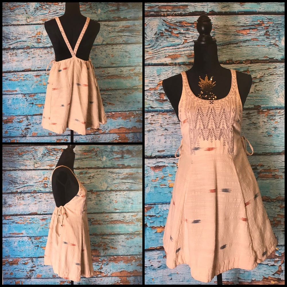 Free People Cream Textured Embroidered Sundress with Subtle Multi-Color Accents
